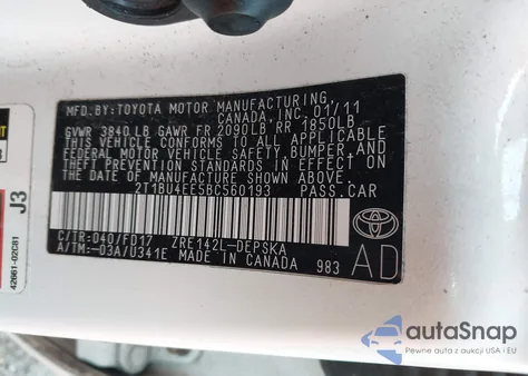 2011 Toyota Corolla S из США, поврежденный, VIN 2T1BU4EE5BC560193